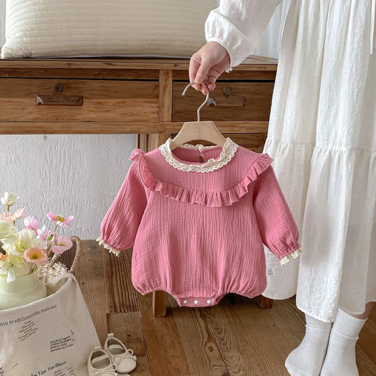 Spring Arrival Baby Girls Long Sleeves Pink Lace Trim Bodysuit MyKids-USA