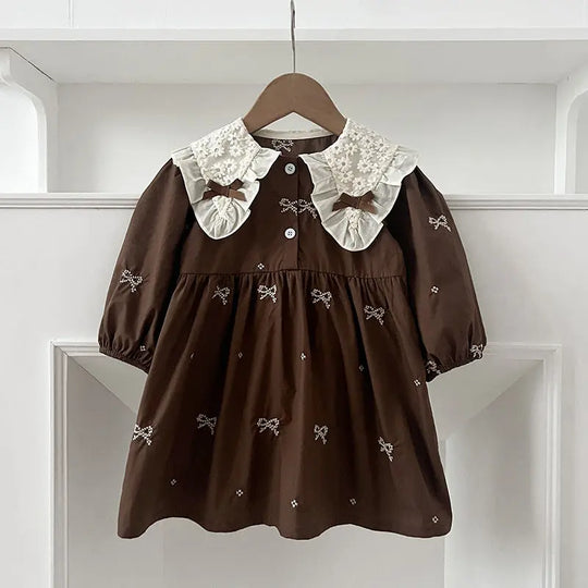 Arrival Autumn Baby Kids Girls Long Sleeves Bows Embroidery Pattern Floral Collar bodysuit and Dress – Princess Sister Matching Set MyKids-USA