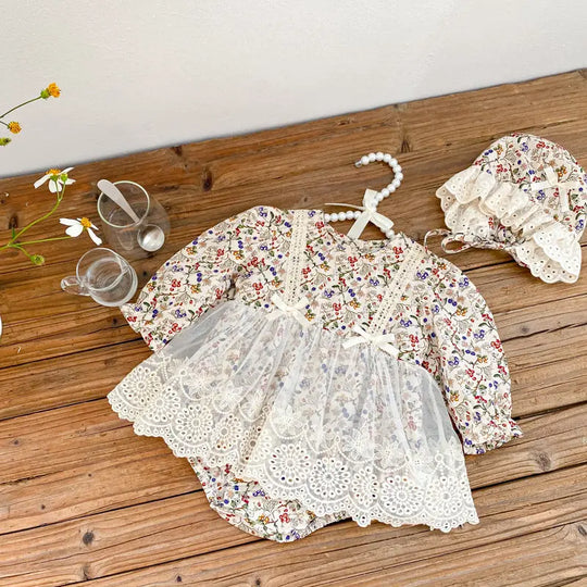 Spring/Autumn Baby Girls Floral And Fruits Print Lace Mesh Princess bodysuit Dress MyKids-USA