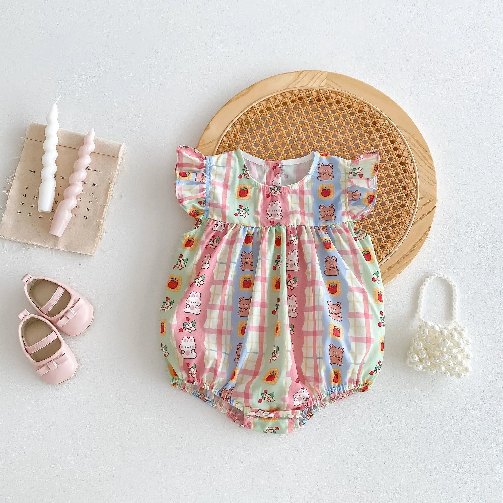 Summer Arrival Baby Girls Rabbits Print Plaid Fly Sleeves Crew Neck bodysuit MyKids-USA