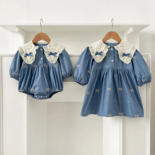 Arrival Autumn Baby Kids Girls Long Sleeves Bows Embroidery Pattern Floral Collar bodysuit and Dress – Princess Sister Matching Set MyKids-USA