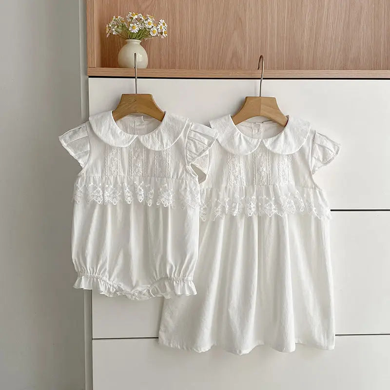 Summer Girls Flowers Pattern Lace Trim Onesies and Dress – Princess Sister Matching Set MyKids-USA