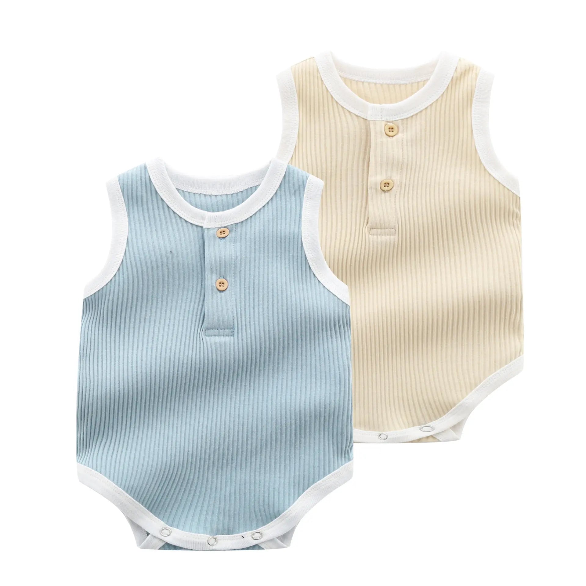 Baby Boy Solid Color Neck Buttoned Design Sleeveless Round Collar bodysuit MyKids-USA