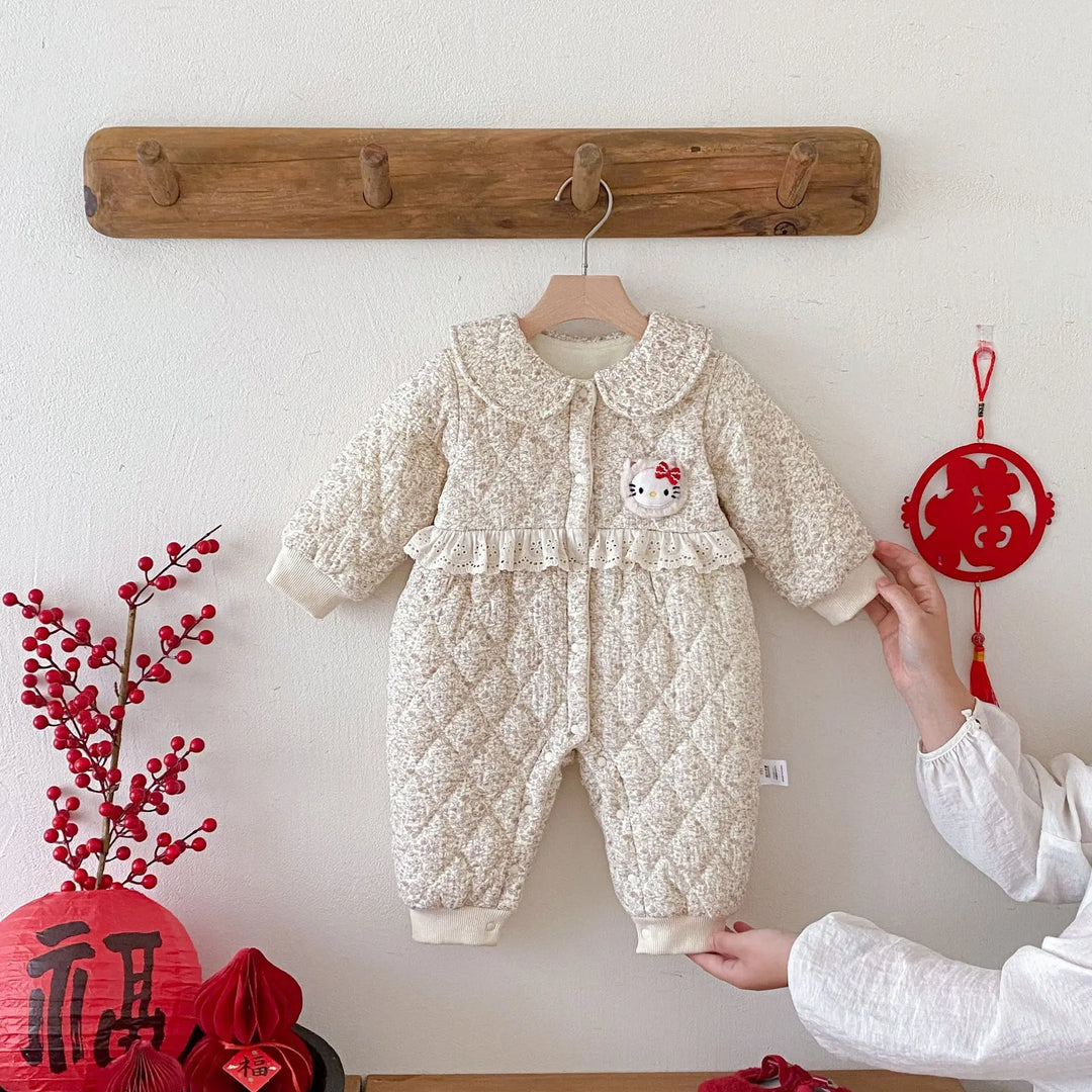 Winter Arrival Baby Girls Long Sleeves Floral and Argyle Pattern Fleece-line Warm Rompers MyKids-USA
