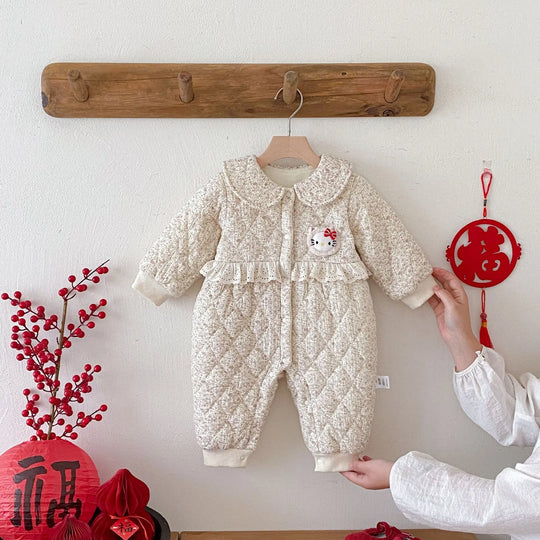 Winter Arrival Baby Girls Long Sleeves Floral and Argyle Pattern Fleece-line Warm Rompers MyKids-USA