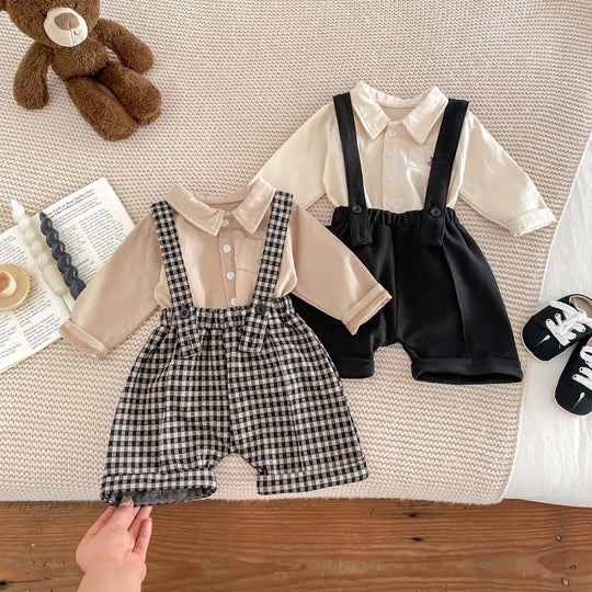 Spring Baby Kids Unisex Plain Long Sleeves Base Shirt And Overalls Clothing Set MyKids-USA